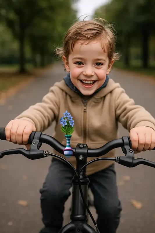 Bunte Fahrradvase am Lenker eines E-Bikes